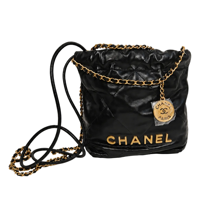Chanel 22 Mini Bag — Black Shiny Calfskin / Aged Gold Hardware