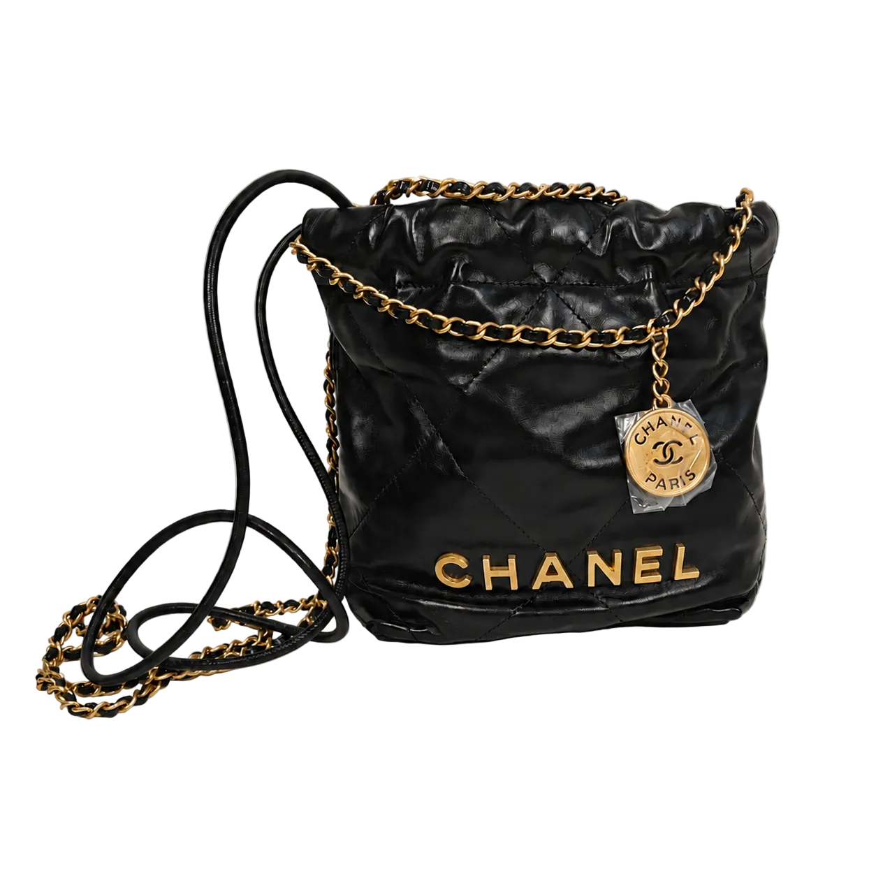 Chanel 22 Mini Bag — Black Shiny Calfskin / Aged Gold Hardware