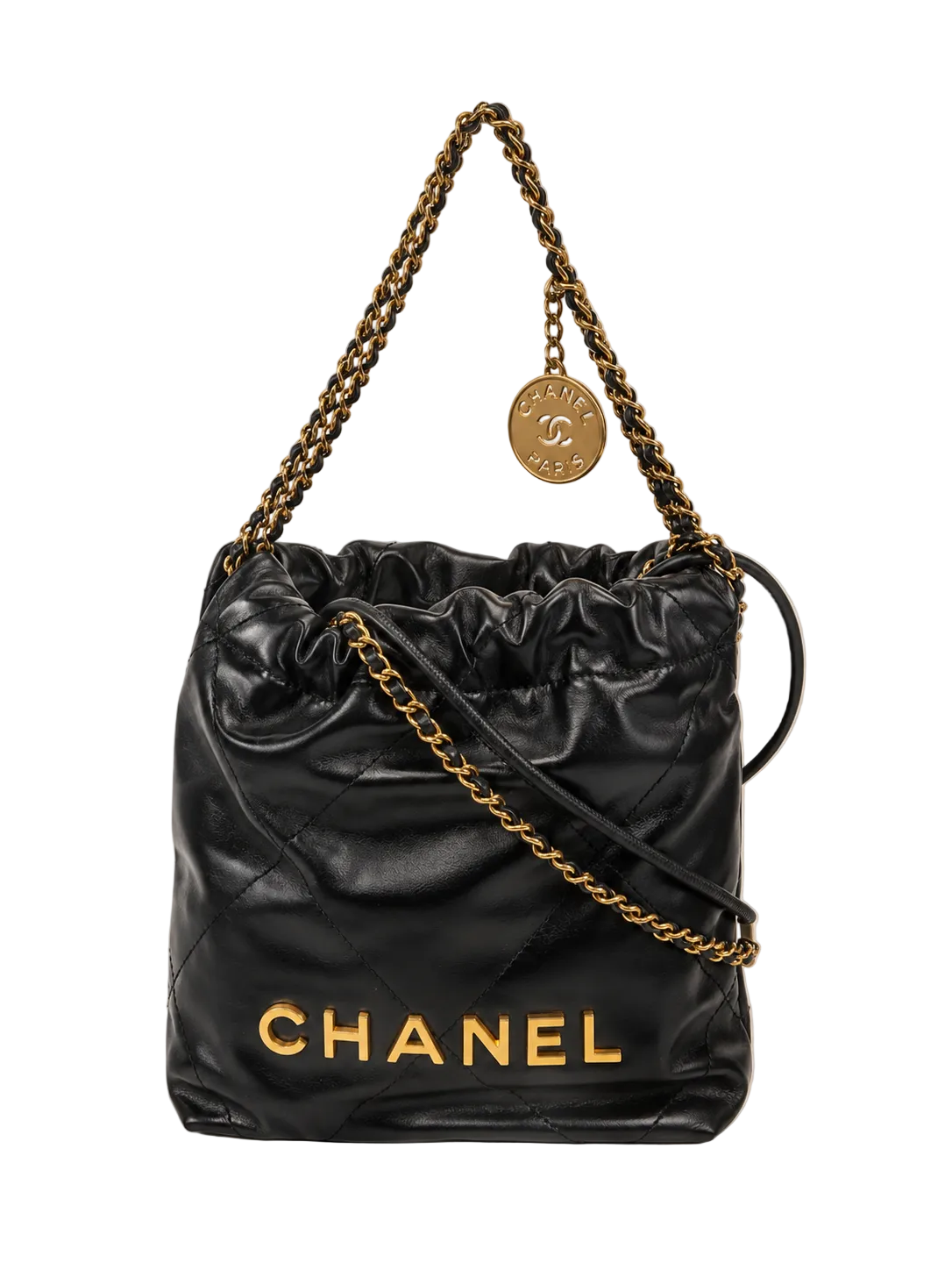 Chanel 22 Mini Bag — Black Shiny Calfskin / Aged Gold Hardware